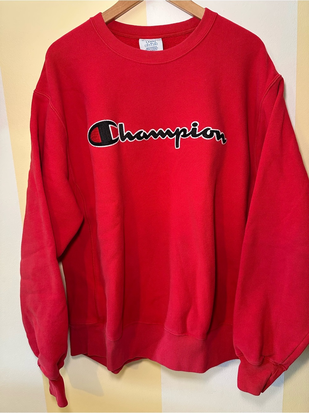 Champion Reverse Weave Red Crewneck Sweatshirt with Black & White Script Logo